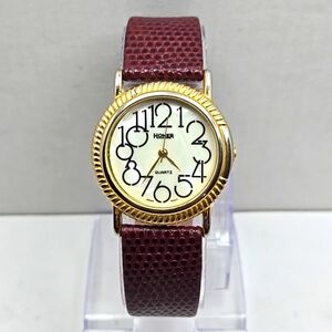 Womens Vintage MOP Homer Quartz Watch Gold Tone Brown Leather Band New Battery
